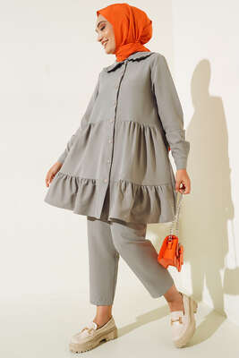 Yakası Dantel Detaylı Pantolonlu Takım Gri 