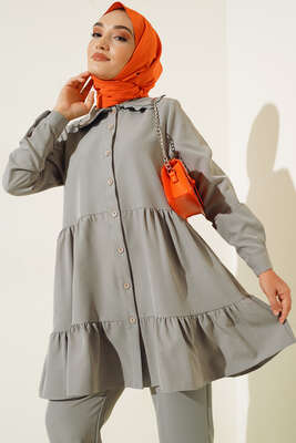 Yakası Dantel Detaylı Pantolonlu Takım Gri - İKİLİ TAKIM