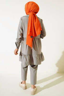 Yakası Dantel Detaylı Pantolonlu Takım Gri - İKİLİ TAKIM