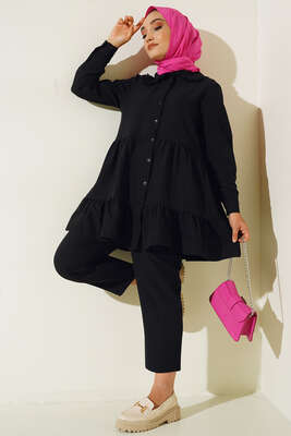 Yakası Dantel Detaylı Pantolonlu Takım Siyah - İKİLİ TAKIM