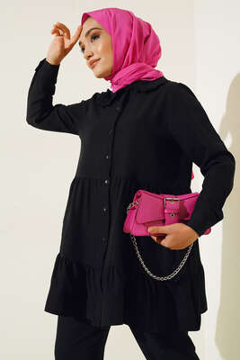 Yakası Dantel Detaylı Pantolonlu Takım Siyah - İKİLİ TAKIM