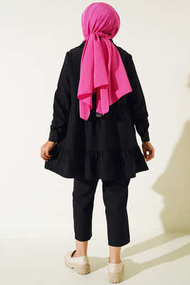 Yakası Dantel Detaylı Pantolonlu Takım Siyah - İKİLİ TAKIM