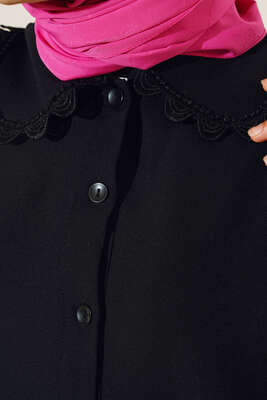 Yakası Dantel Detaylı Pantolonlu Takım Siyah - İKİLİ TAKIM