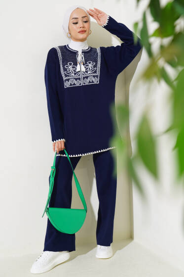 Yakası Desenli Yaka İpli Triko İkili Takım Lacivert - İkili Takım