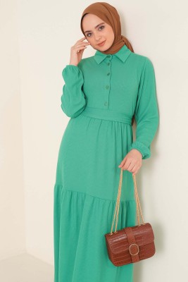 Yakası Düğmeli Bürümcük Elbise Yeşil - Thumbnail