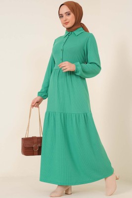 Yakası Düğmeli Bürümcük Elbise Yeşil - Thumbnail