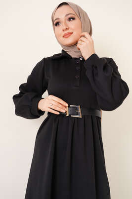 Yakası Düğmeli Elbise Siyah - Thumbnail