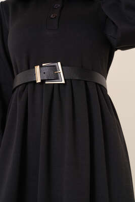 Yakası Düğmeli Elbise Siyah - 4