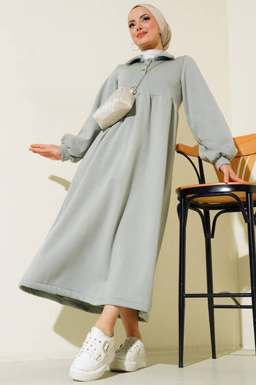 Yakası Düğmeli Üç İplik Elbise Çağla Yeşili - Elbise