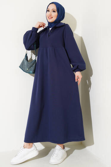 Yakası Düğmeli Üç İplik Elbise Lacivert - Elbise