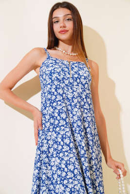 Yakası Fermuarlı Askılı Elbise İndigo - Kadın Giyim Modelleri