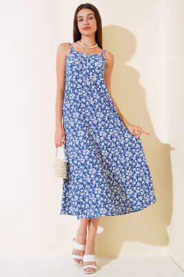 Yakası Fermuarlı Askılı Elbise İndigo - ADYES