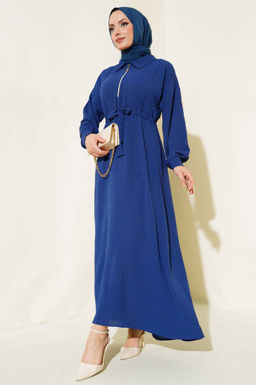 Yakası Fermuarlı Bel Tünelli Elbise İndigo - Tesettür Elbise