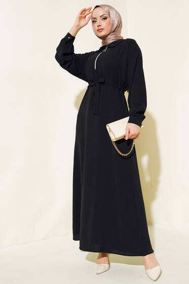 Yakası Fermuarlı Bel Tünelli Elbise Siyah - Tesettür Elbise