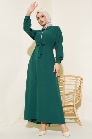 Yakası Fermuarlı Bel Tünelli Elbise Zümrüt - Tesettür Elbise