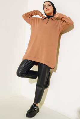 Yakası Fermuarlı Burgu Tunik Camel - Tunik