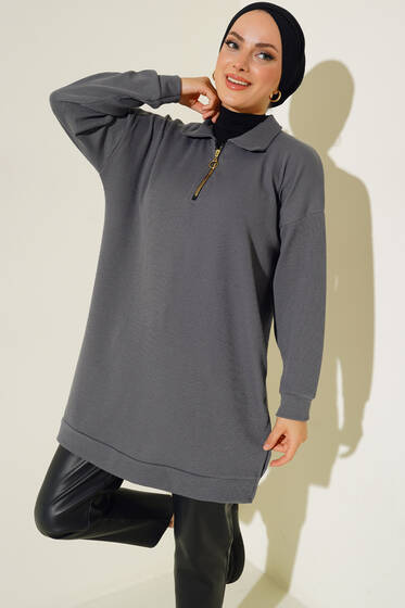 Yakası Fermuarlı Burgu Tunik Füme - Tunik