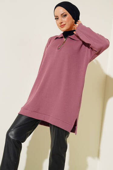 Yakası Fermuarlı Burgu Tunik Gül Kurusu - Tunik