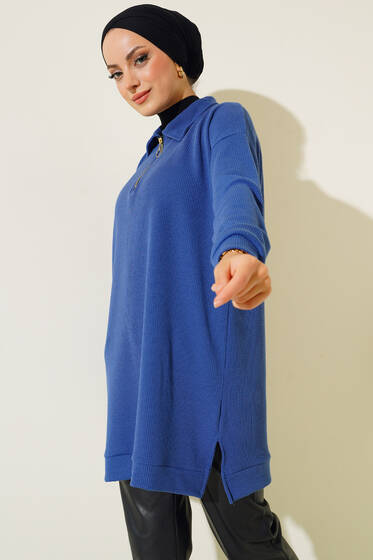 Yakası Fermuarlı Burgu Tunik İndigo - Tunik