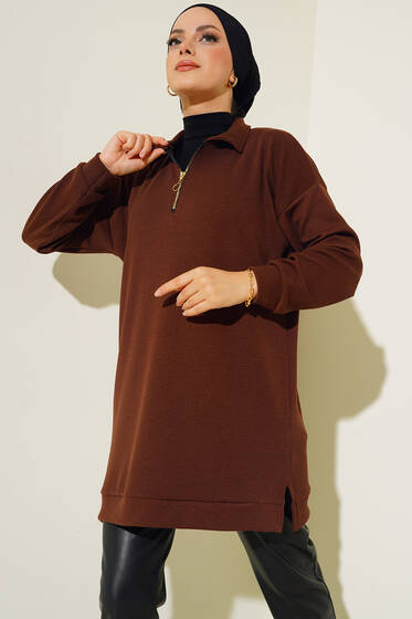 Yakası Fermuarlı Burgu Tunik Kahve - Tunik