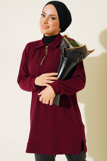 Yakası Fermuarlı Burgu Tunik Mürdüm - Tunik