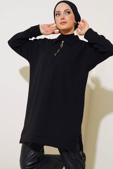 Yakası Fermuarlı Burgu Tunik Siyah - Tunik