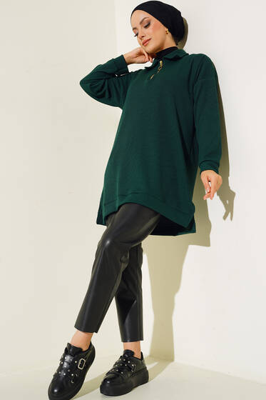 Yakası Fermuarlı Burgu Tunik Zümrüt - Tunik