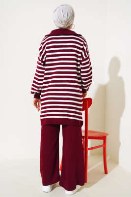 Yakası Fermuarlı Çizgili Triko İkili Takım Bordo - Triko İkili Takım