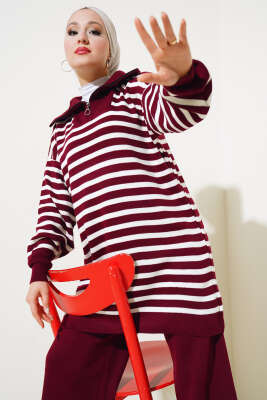 Yakası Fermuarlı Çizgili Triko İkili Takım Bordo - Triko İkili Takım