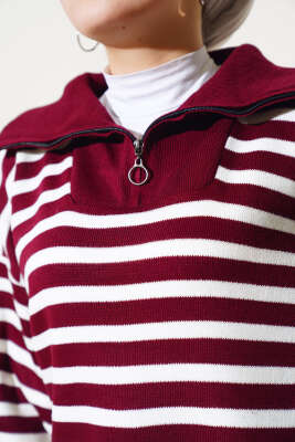 Yakası Fermuarlı Çizgili Triko İkili Takım Bordo - Triko İkili Takım