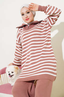 Yakası Fermuarlı Çizgili Triko İkili Takım Gül Kurusu - Triko İkili Takım