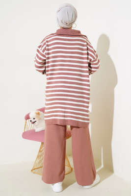 Yakası Fermuarlı Çizgili Triko İkili Takım Gül Kurusu - Triko İkili Takım