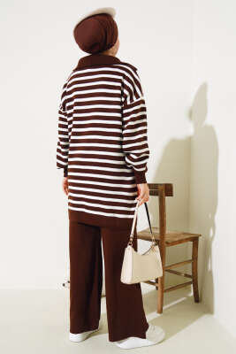 Yakası Fermuarlı Çizgili Triko İkili Takım Kahve - Triko İkili Takım