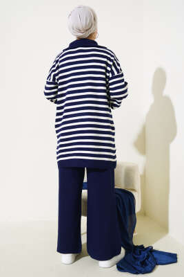 Yakası Fermuarlı Çizgili Triko İkili Takım Lacivert - Triko İkili Takım