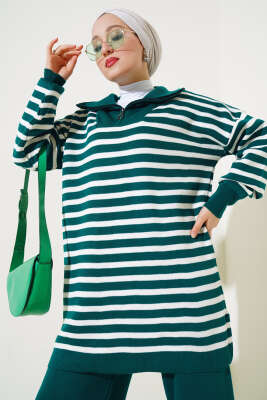 Yakası Fermuarlı Çizgili Triko İkili Takım Nefti - Triko İkili Takım