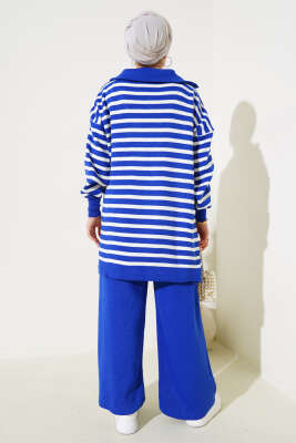 Yakası Fermuarlı Çizgili Triko İkili Takım Saks - Triko İkili Takım