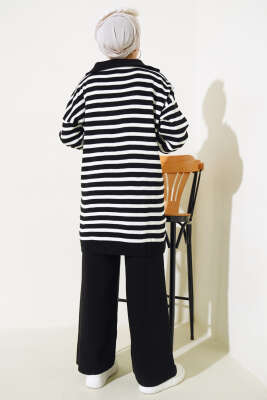 Yakası Fermuarlı Çizgili Triko İkili Takım Siyah - Triko İkili Takım