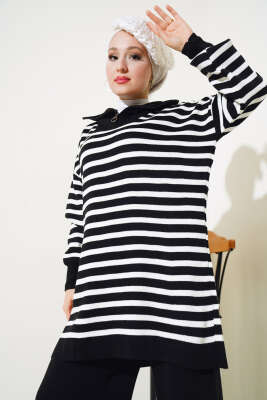 Yakası Fermuarlı Çizgili Triko İkili Takım Siyah - Triko İkili Takım