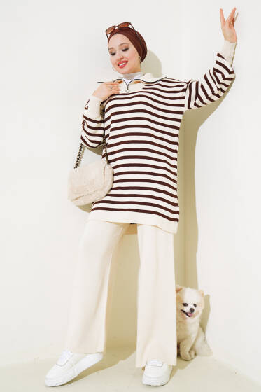 Yakası Fermuarlı Çizgili Triko İkili Takım Taş - İkili Takım