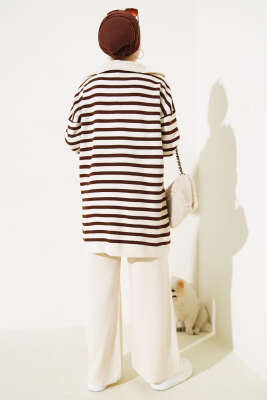 Yakası Fermuarlı Çizgili Triko İkili Takım Taş - Triko İkili Takım