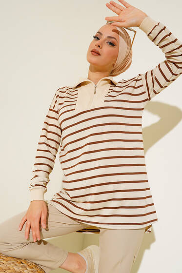 Yakası Fermuarlı Çizgili Tunik Kahve - Tunik