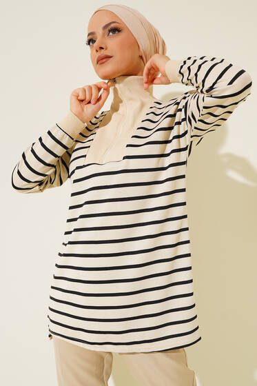 Yakası Fermuarlı Çizgili Tunik Siyah - Tunik