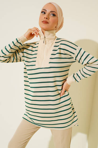 Yakası Fermuarlı Çizgili Tunik Zümrüt Yeşili - Tunik