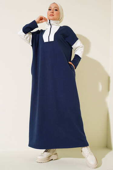 Yakası Fermuarlı Garnili Elbise Lacivert - Tesettür Elbise