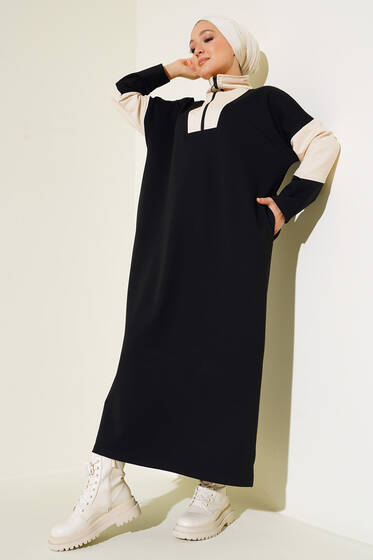 Yakası Fermuarlı Garnili Elbise Siyah - Tesettür Elbise