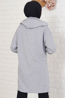 Yakası Fermuarlı Kapüşonlu Gri Tunik - Tunik