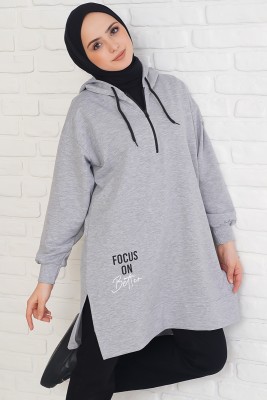 Yakası Fermuarlı Kapüşonlu Gri Tunik 