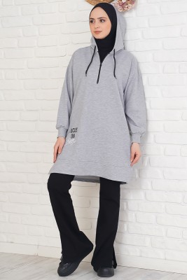 Yakası Fermuarlı Kapüşonlu Gri Tunik - Tunik