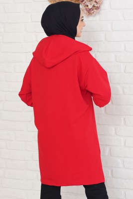 Yakası Fermuarlı Kapüşonlu Kırmızı Tunik - Tunik