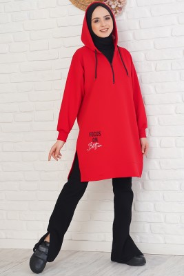 Yakası Fermuarlı Kapüşonlu Kırmızı Tunik - Tunik